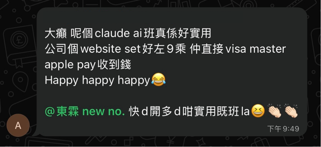 學生 Emily 課後訊息：公司網站已設定好，直接收到 Visa、Master、Apple Pay 付款